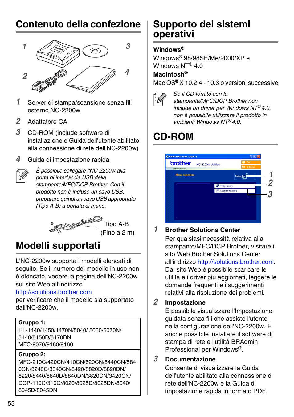 Italiano, Contenuto della confezione, Modelli supportati | Supporto dei sistemi operativi, Cd-rom, English | Brother NC-2200W User Manual | Page 54 / 159