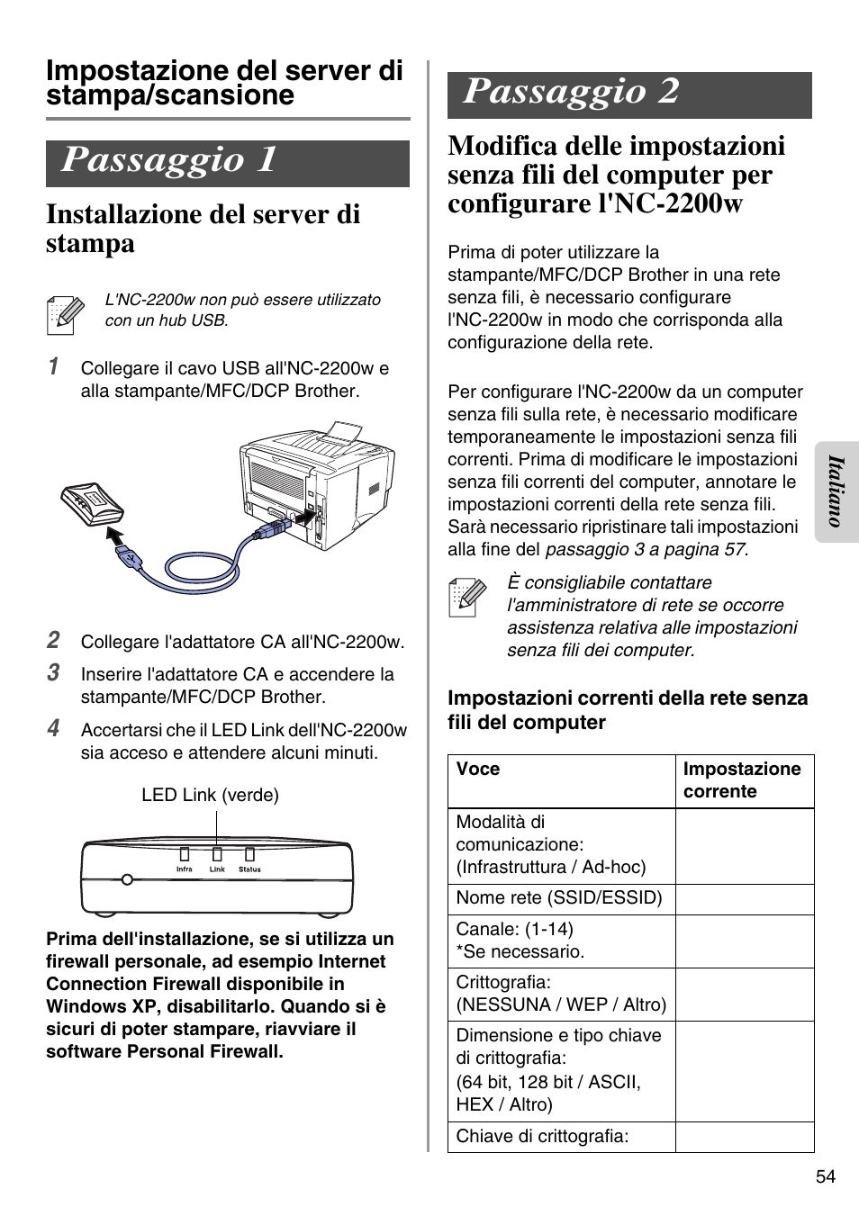 Impostazione del server di stampa/scansione, Passaggio 1, Passaggio 2 | English | Brother NC-2200W User Manual | Page 55 / 159