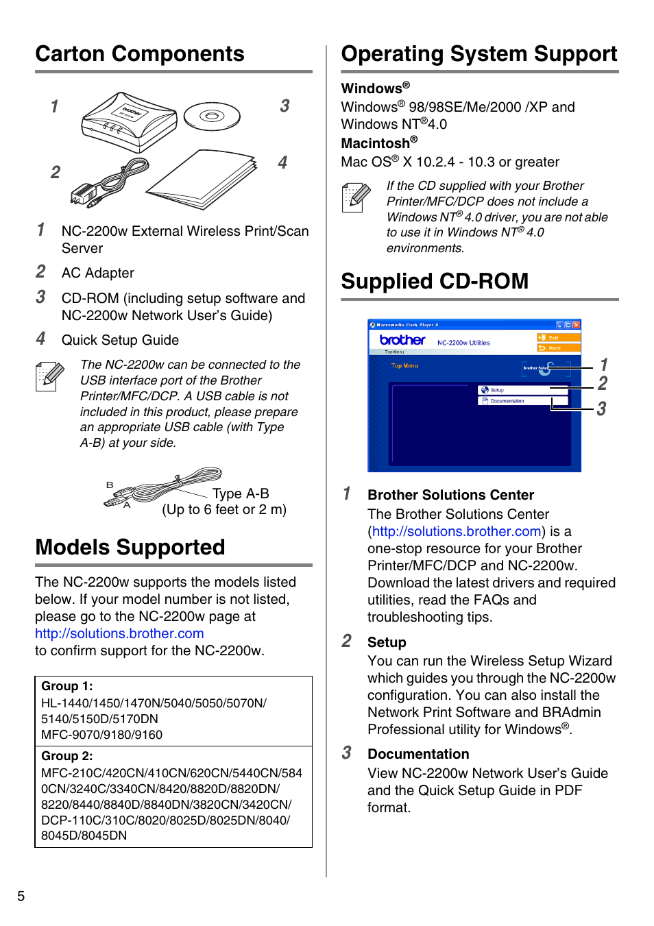 English, Carton components, Models supported | Operating system support, Supplied cd-rom | Brother NC-2200W User Manual | Page 6 / 159