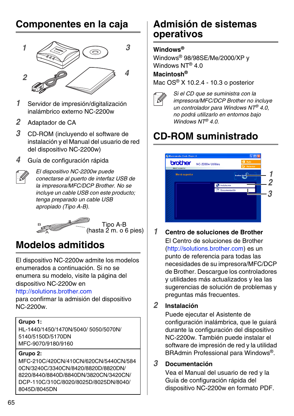Español, Componentes en la caja, Modelos admitidos | Admisión de sistemas operativos, Cd-rom suministrado, English | Brother NC-2200W User Manual | Page 66 / 159