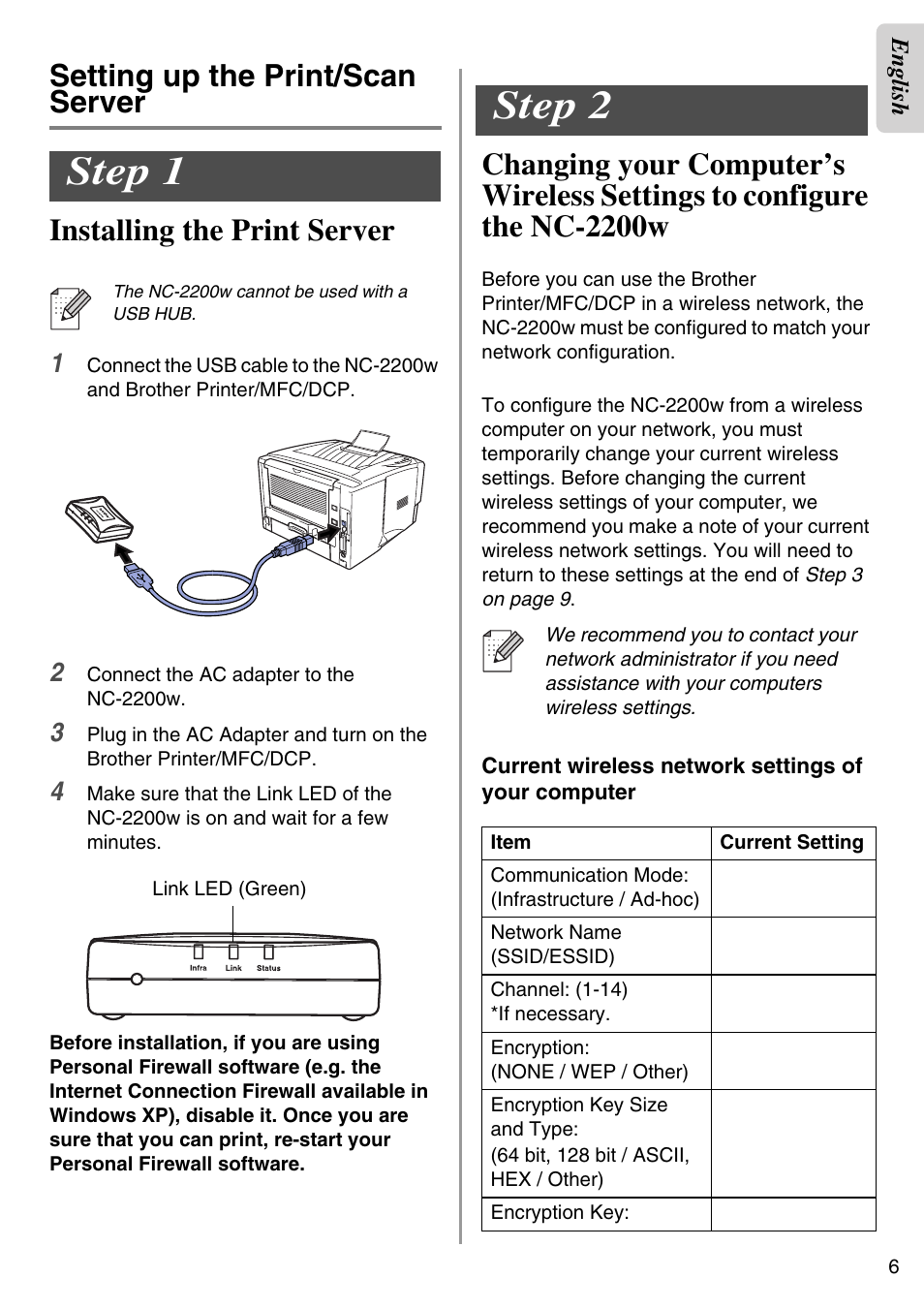 Setting up the print/scan server, Step 1, Step 2 | English | Brother NC-2200W User Manual | Page 7 / 159