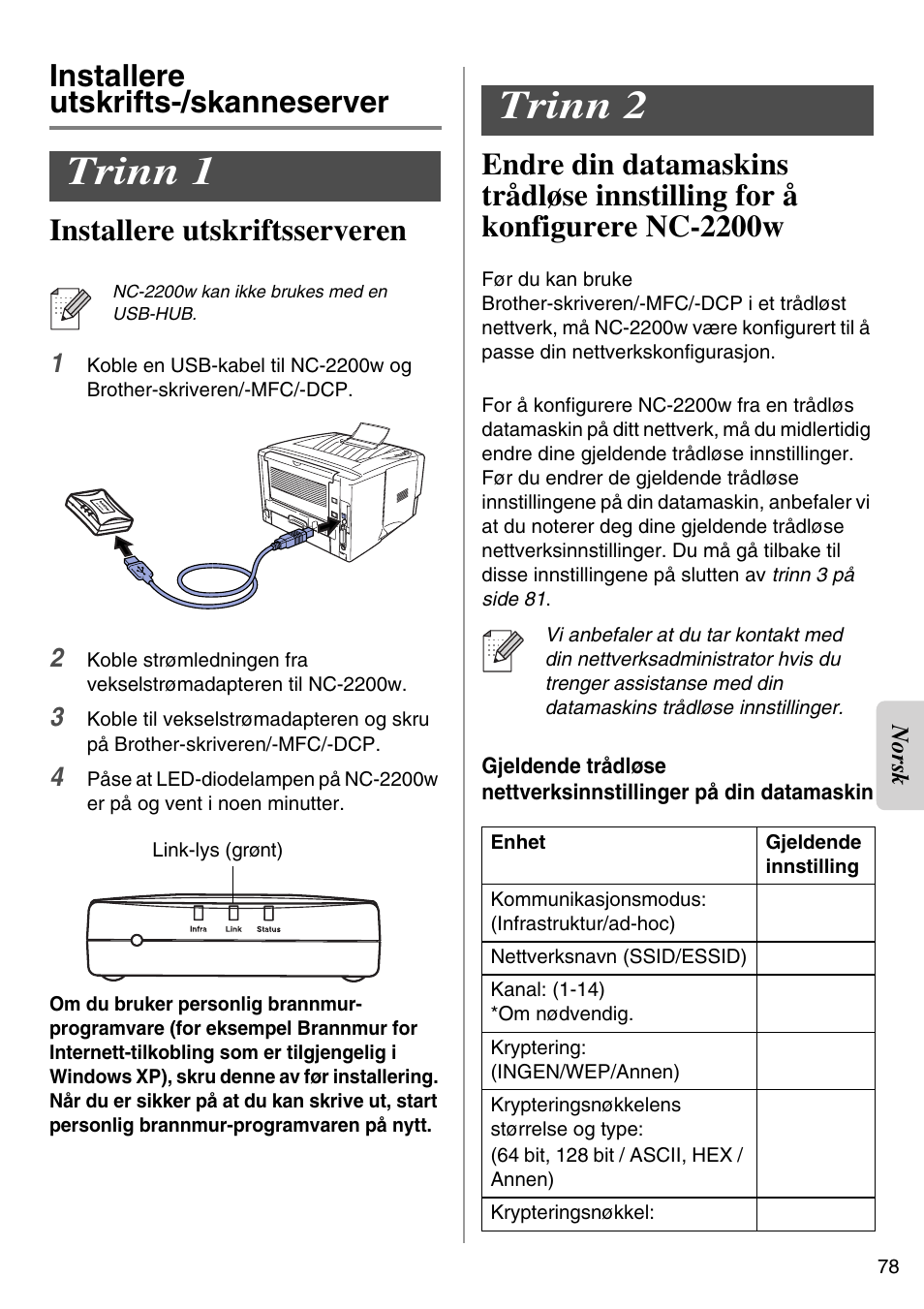 Installere utskrifts-/skanneserver, Trinn 1, Trinn 2 | English | Brother NC-2200W User Manual | Page 79 / 159