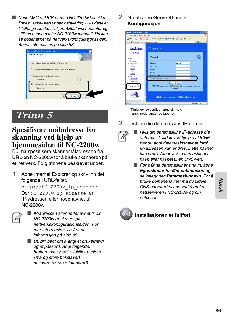 Trinn 5, English, Nors k | Brother NC-2200W User Manual | Page 87 / 159