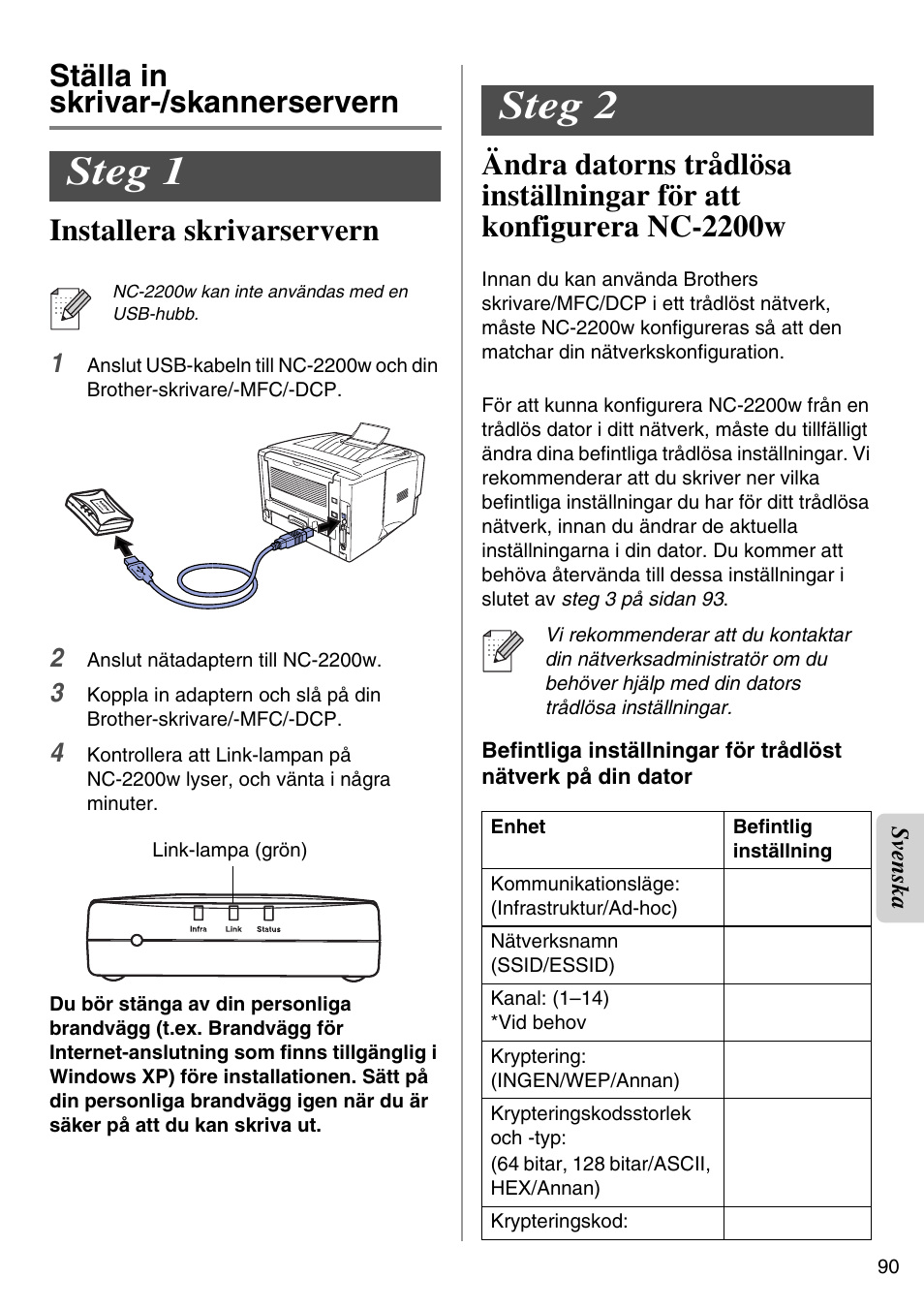 Ställa in skrivar-/skannerservern, Steg 1, Steg 2 | English | Brother NC-2200W User Manual | Page 91 / 159