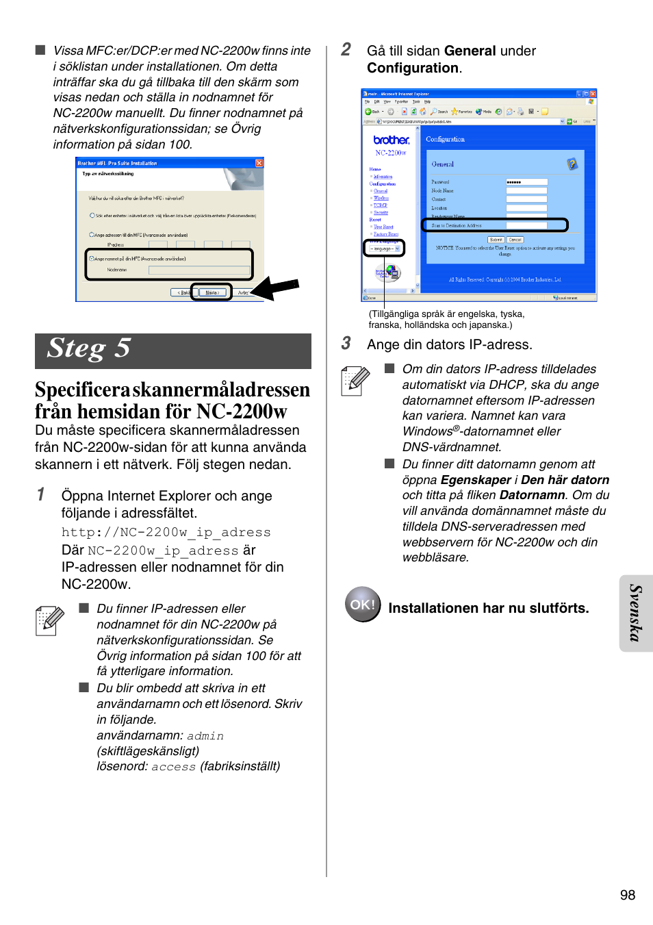 Steg 5, English, Svenska | Brother NC-2200W User Manual | Page 99 / 159