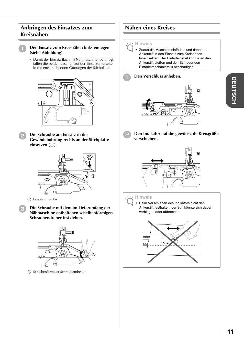 Deutsch anbringen des einsatzes zum kreisnähen, Nähen eines kreises | Brother NX-2000 User Manual | Page 13 / 48