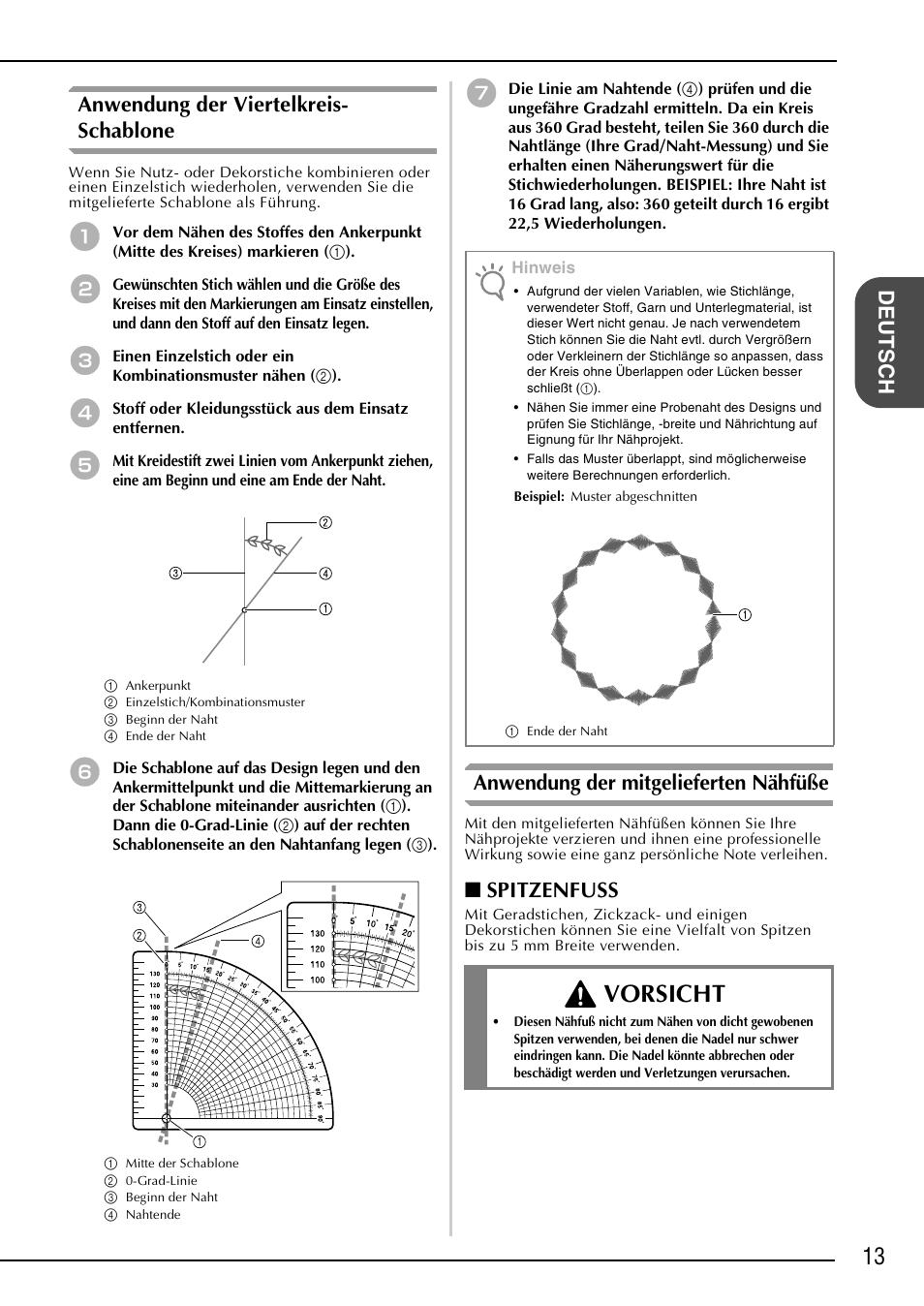 Vorsicht, Deutsch anwendung der viertelkreis- schablone, Anwendung der mitgelieferten nähfüße | Spitzenfuss | Brother NX-2000 User Manual | Page 15 / 48