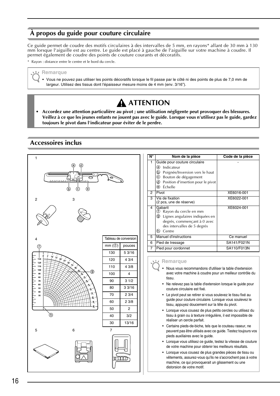 Attention, À propos du guide pour couture circulaire, Accessoires inclus | Remarque | Brother NX-2000 User Manual | Page 18 / 48