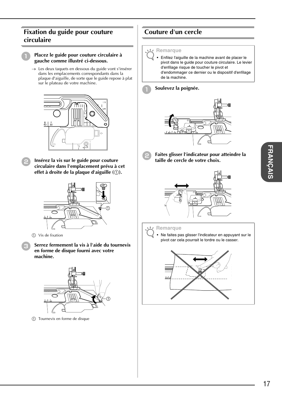 Français fixation du guide pour couture circulaire, Couture d'un cercle | Brother NX-2000 User Manual | Page 19 / 48