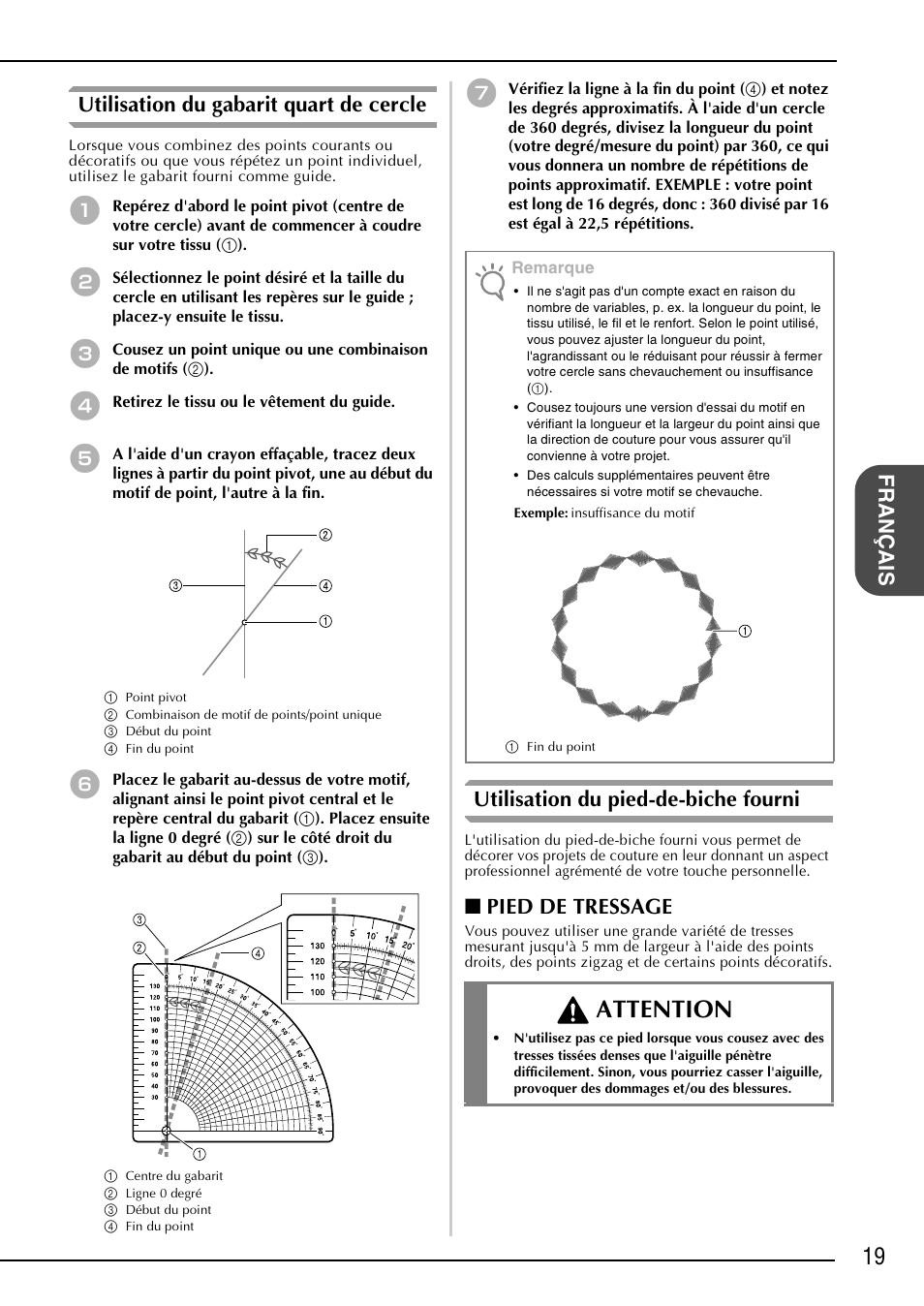 Attention, Français utilisation du gabarit quart de cercle, Utilisation du pied-de-biche fourni | Pied de tressage | Brother NX-2000 User Manual | Page 21 / 48
