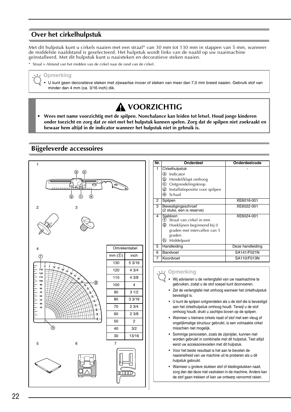 Voorzichtig, Over het cirkelhulpstuk, Bijgeleverde accessoires | Opmerking | Brother NX-2000 User Manual | Page 24 / 48