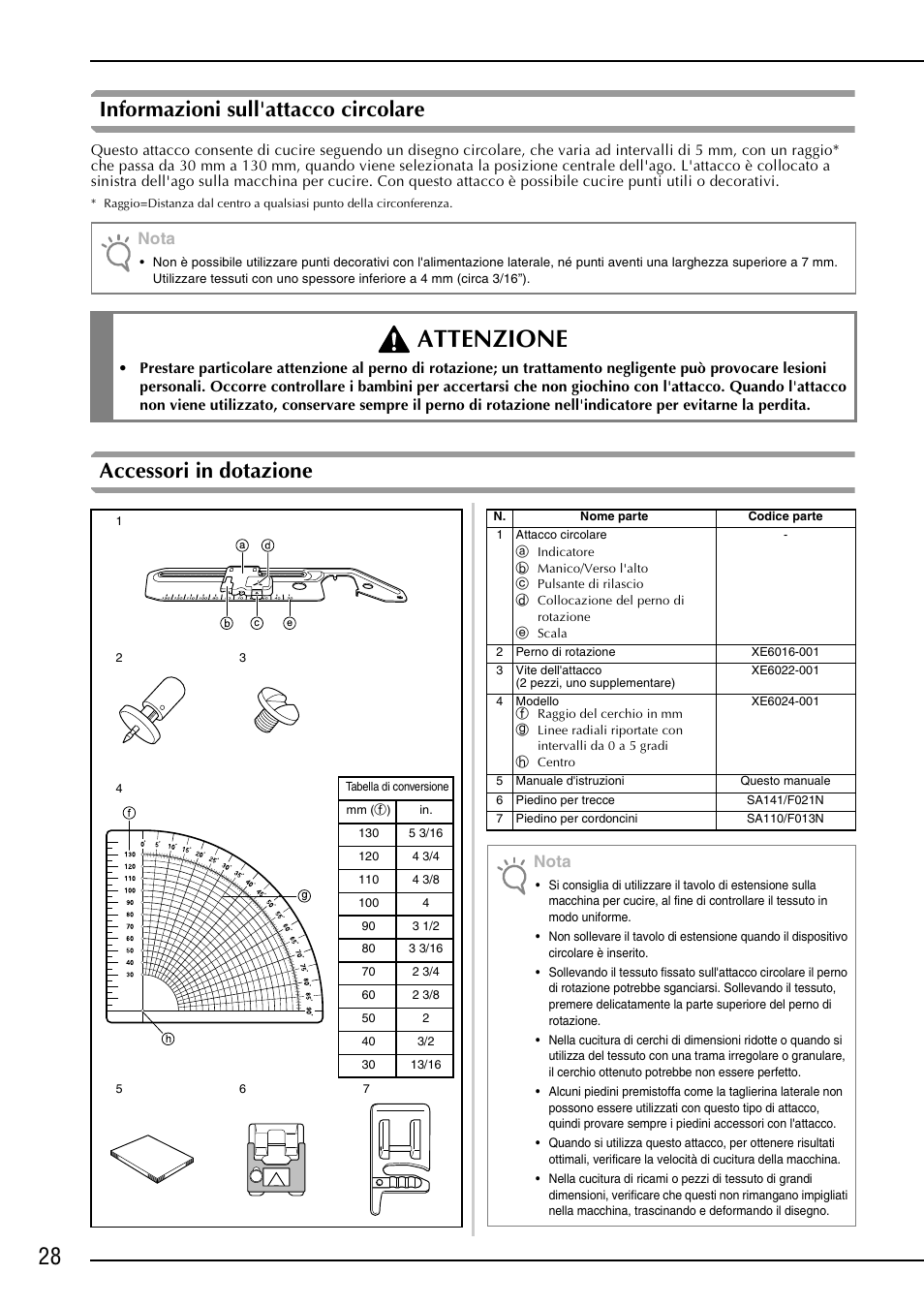 Attenzione, Informazioni sull'attacco circolare, Accessori in dotazione | Nota | Brother NX-2000 User Manual | Page 30 / 48