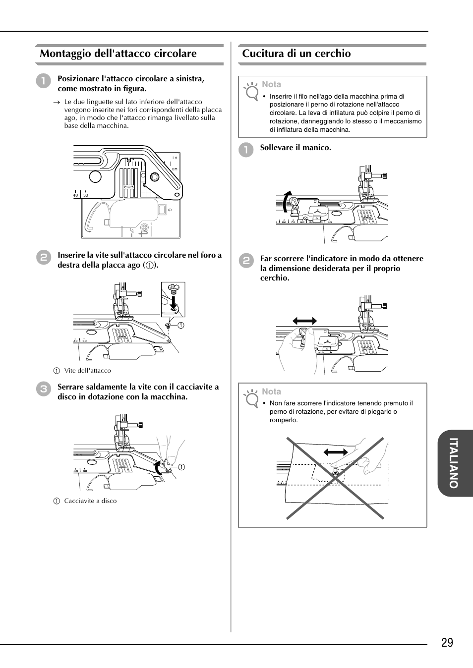 It aliano montaggio dell'attacco circolare, Cucitura di un cerchio | Brother NX-2000 User Manual | Page 31 / 48