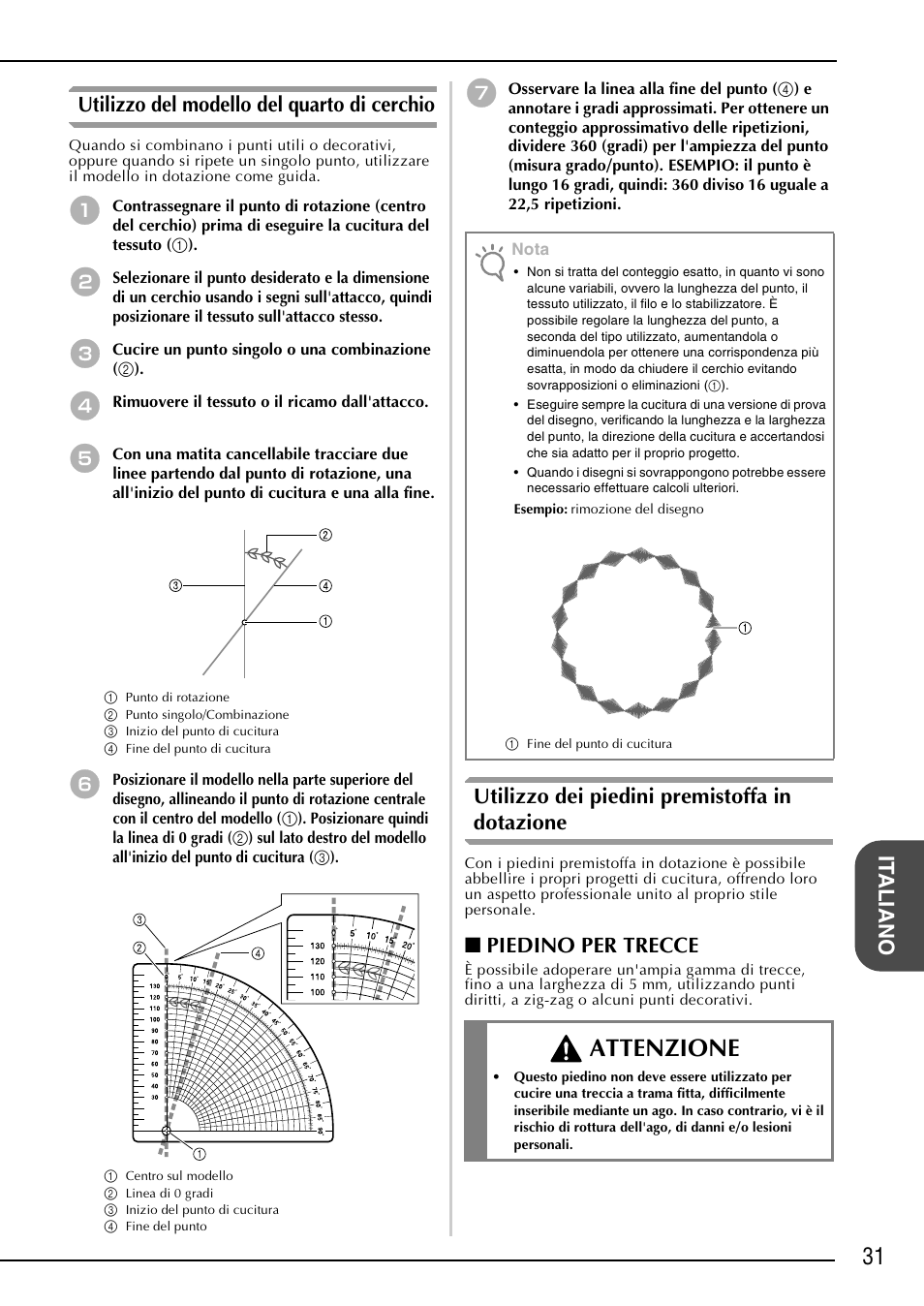 Attenzione, Utilizzo dei piedini premistoffa in dotazione, Piedino per trecce | Brother NX-2000 User Manual | Page 33 / 48