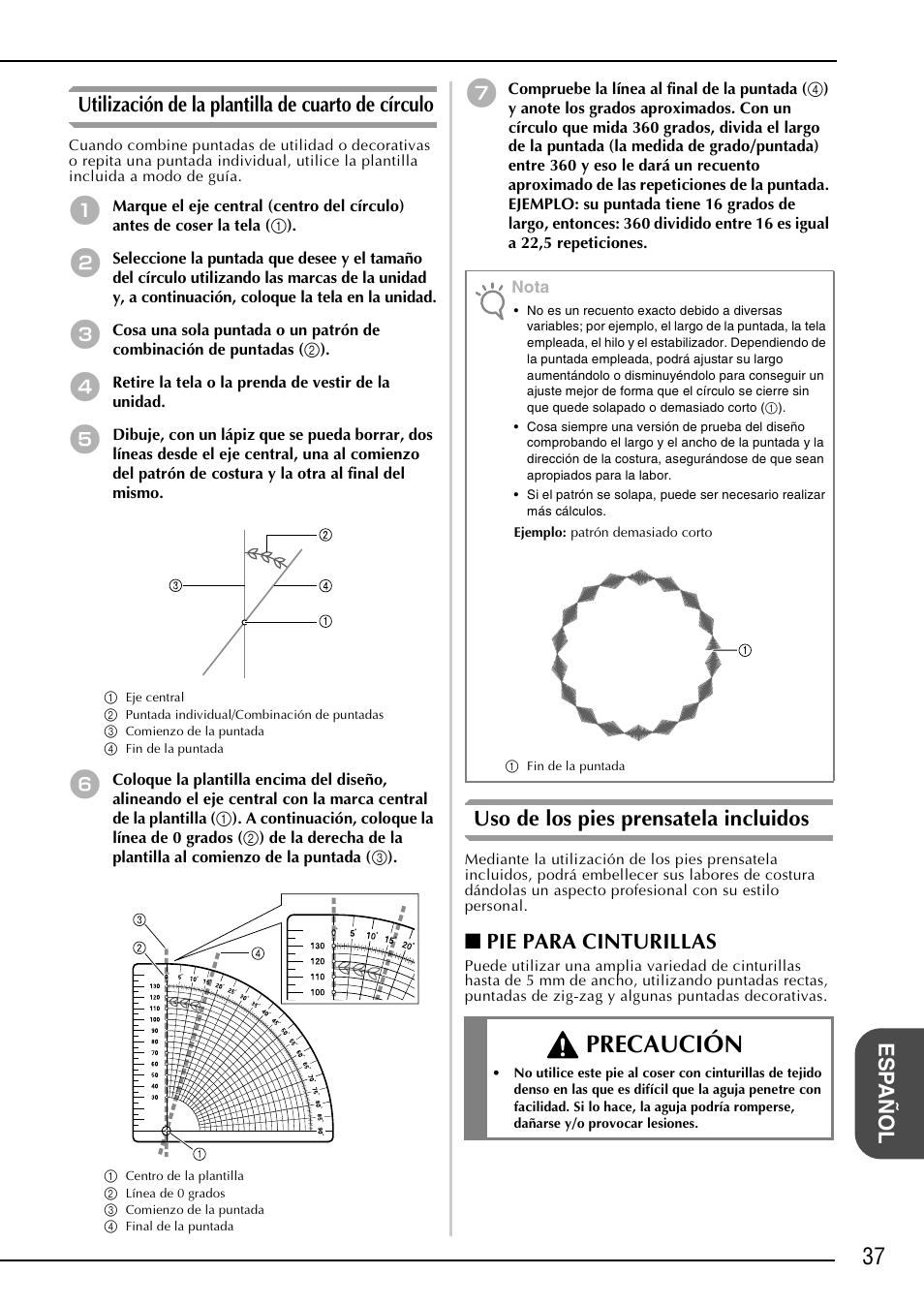 Precaución, Uso de los pies prensatela incluidos, Pie para cinturillas | Brother NX-2000 User Manual | Page 39 / 48