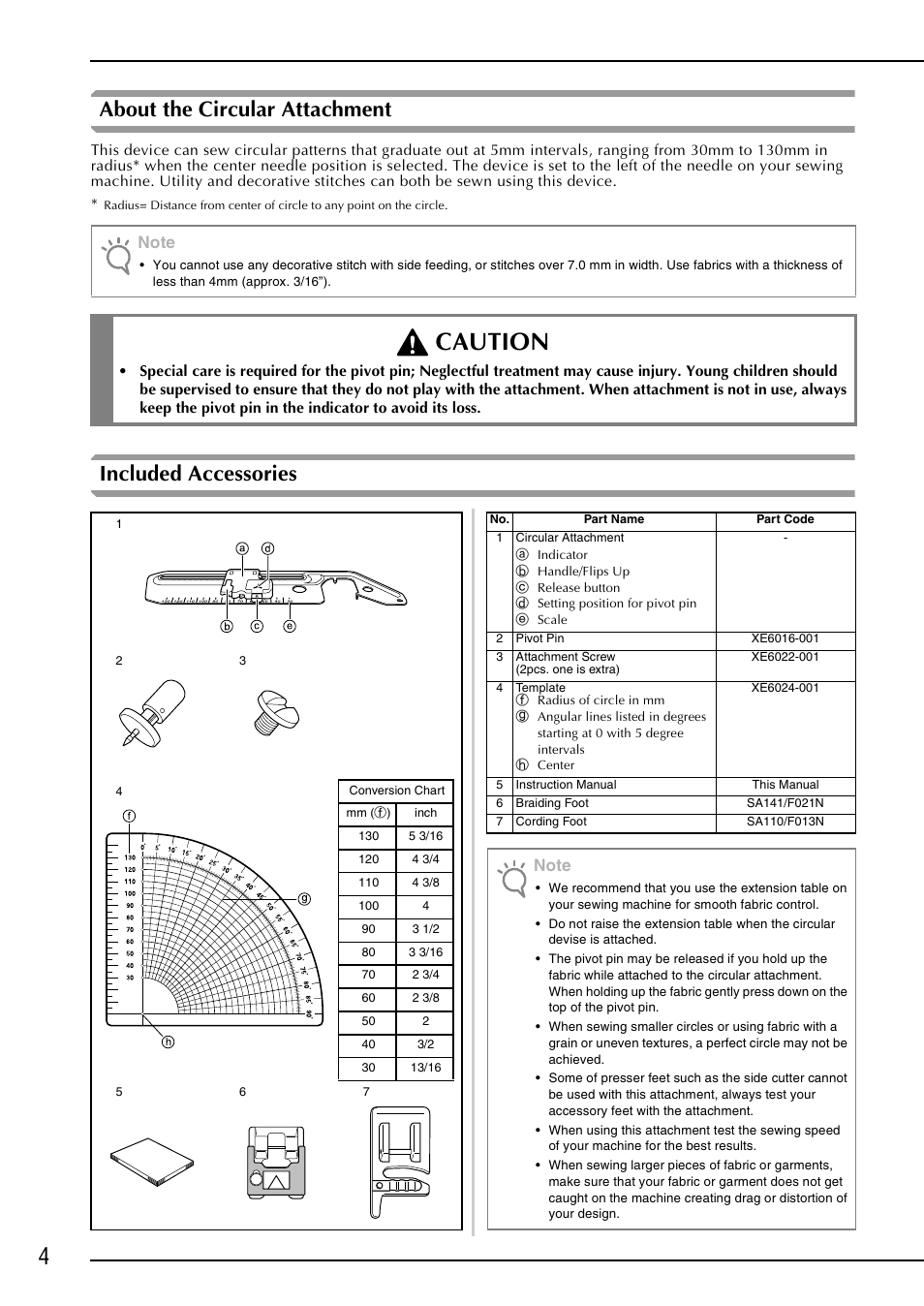 Caution, About the circular attachment, Included accessories | Brother NX-2000 User Manual | Page 6 / 48