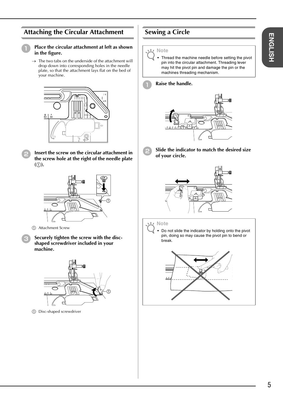 English attaching the circular attachment, Sewing a circle | Brother NX-2000 User Manual | Page 7 / 48