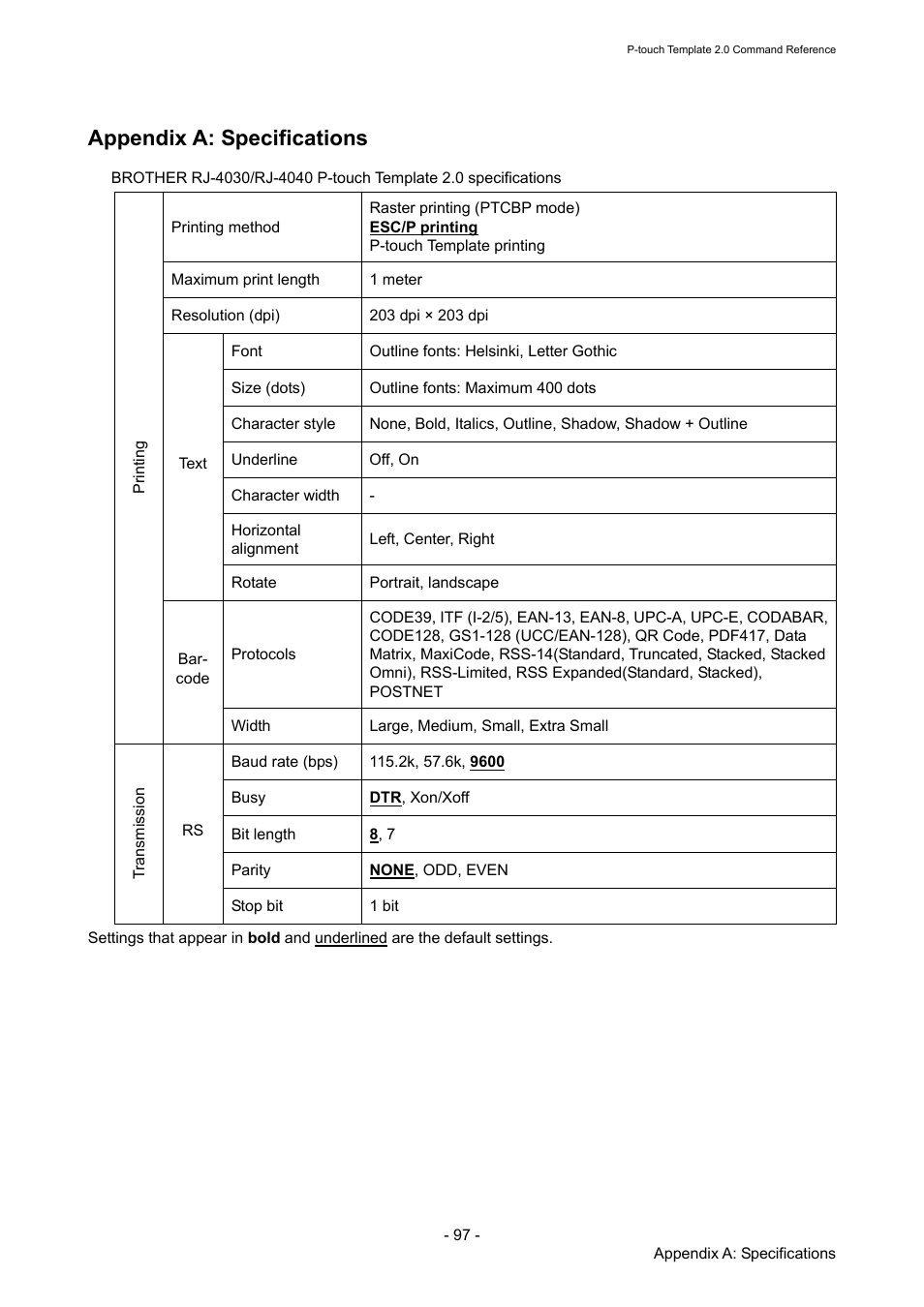 Appendix a: specifications | Brother RJ-4030 User Manual | Page 103 / 110