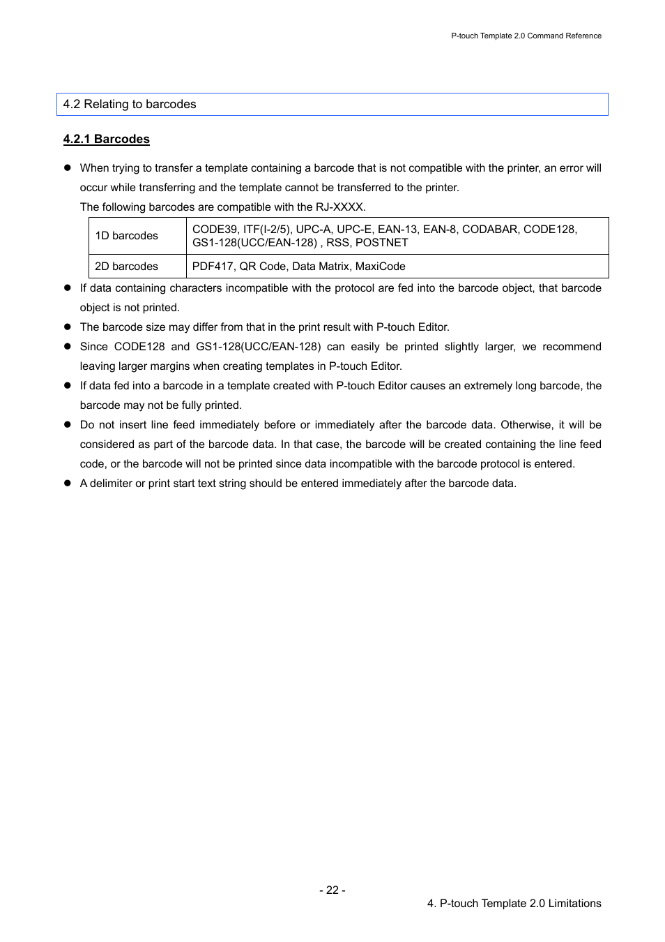 2 relating to barcodes, 1 barcodes | Brother RJ-4030 User Manual | Page 28 / 110