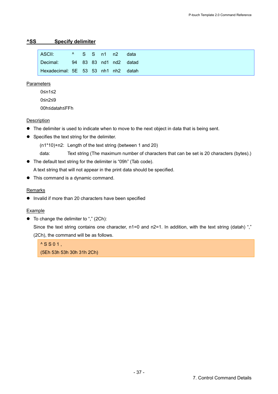 Ss specify delimiter, Specify delimiter | Brother RJ-4030 User Manual | Page 43 / 110