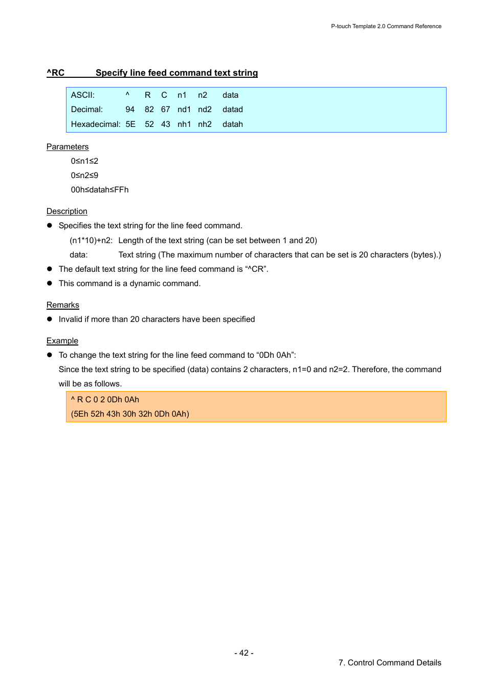 Rc specify line feed command text string, Specify line feed command text string | Brother RJ-4030 User Manual | Page 48 / 110