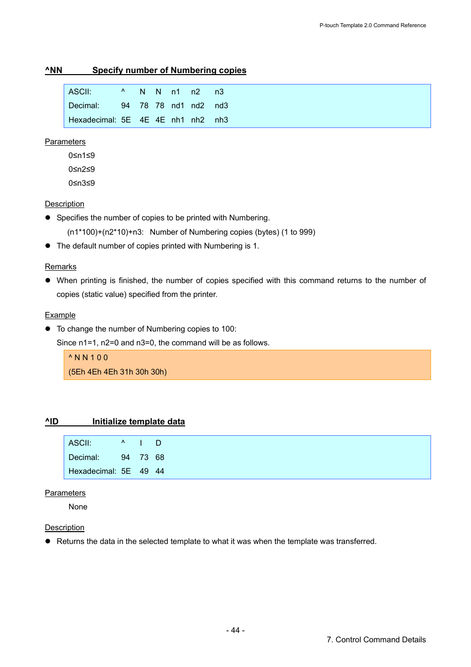 Nn specify number of numbering copies, Id initialize template data, Specify number of numbering copies | Initialize template data | Brother RJ-4030 User Manual | Page 50 / 110