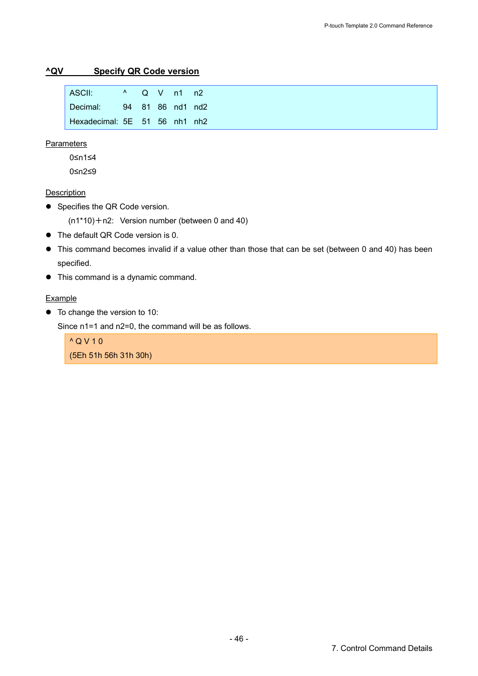 Qv specify qr code version, Specify qr code version | Brother RJ-4030 User Manual | Page 52 / 110