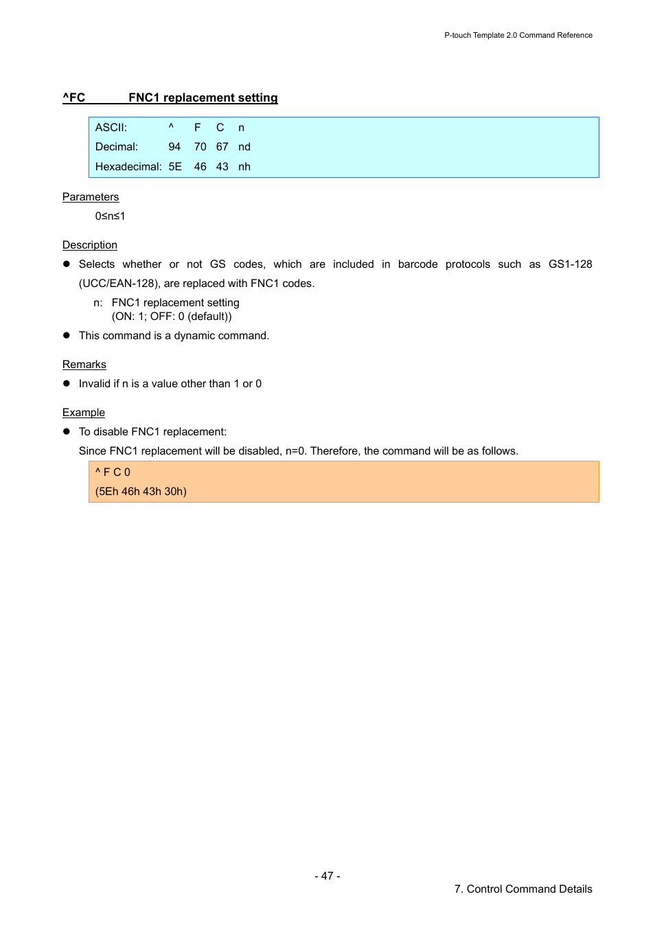 Fc fnc1 replacement setting, Fnc1 replacement setting | Brother RJ-4030 User Manual | Page 53 / 110