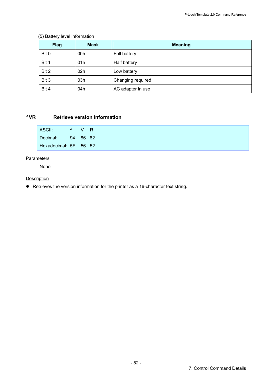 Vr retrieve version information, Retrieve version information | Brother RJ-4030 User Manual | Page 58 / 110