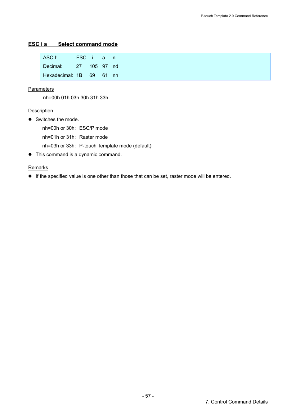 Esc i a select command mode, Esc i a, Select command mode | Brother RJ-4030 User Manual | Page 63 / 110