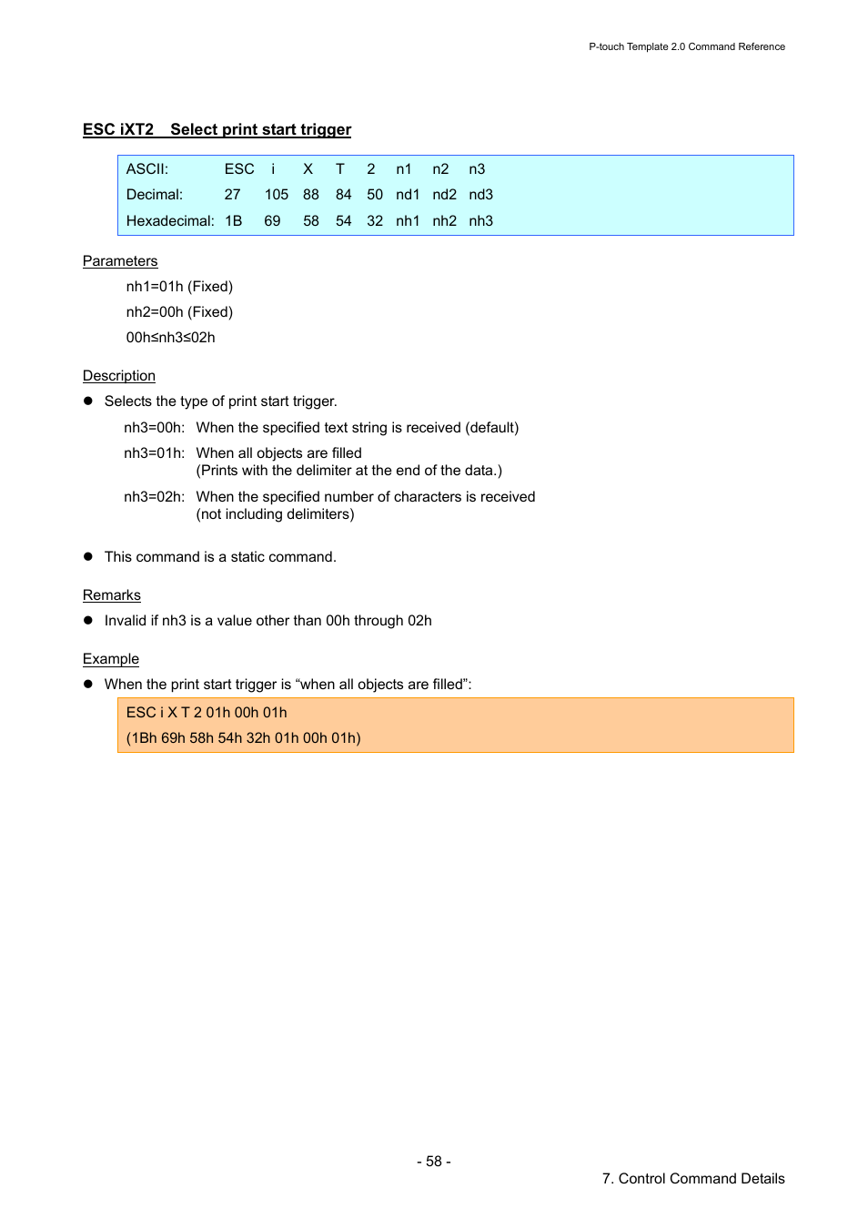 Esc ixt2 select print start trigger, Esc ixt2, Select print start trigger | Brother RJ-4030 User Manual | Page 64 / 110