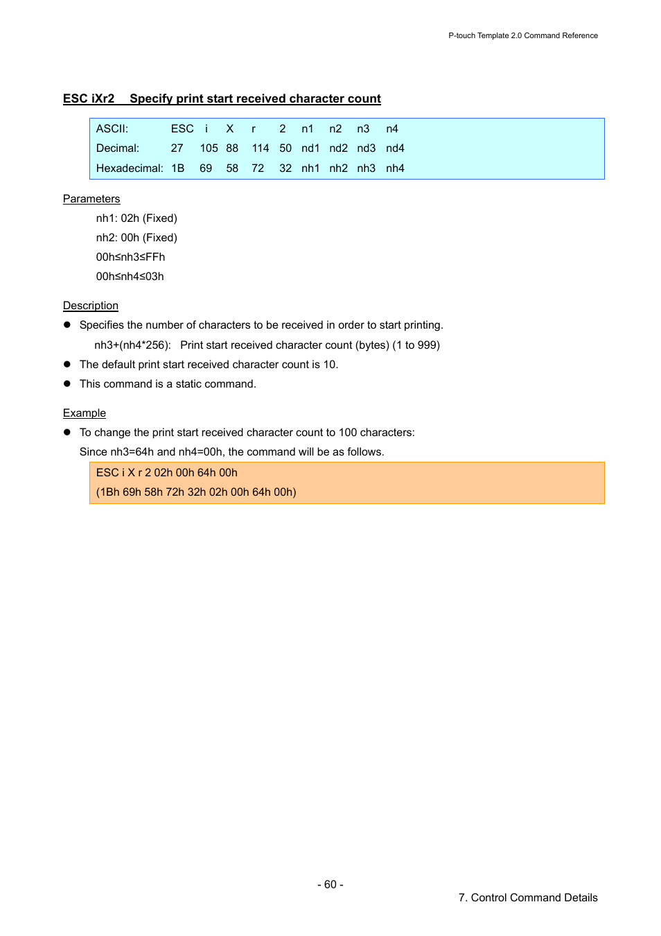 Esc ixr2, Specify print start received character count | Brother RJ-4030 User Manual | Page 66 / 110