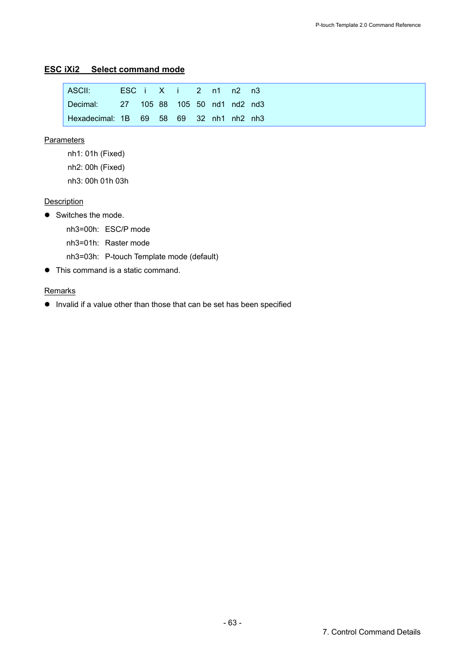 Esc ixi2 select command mode, Esc ixi2, Select command mode | Brother RJ-4030 User Manual | Page 69 / 110