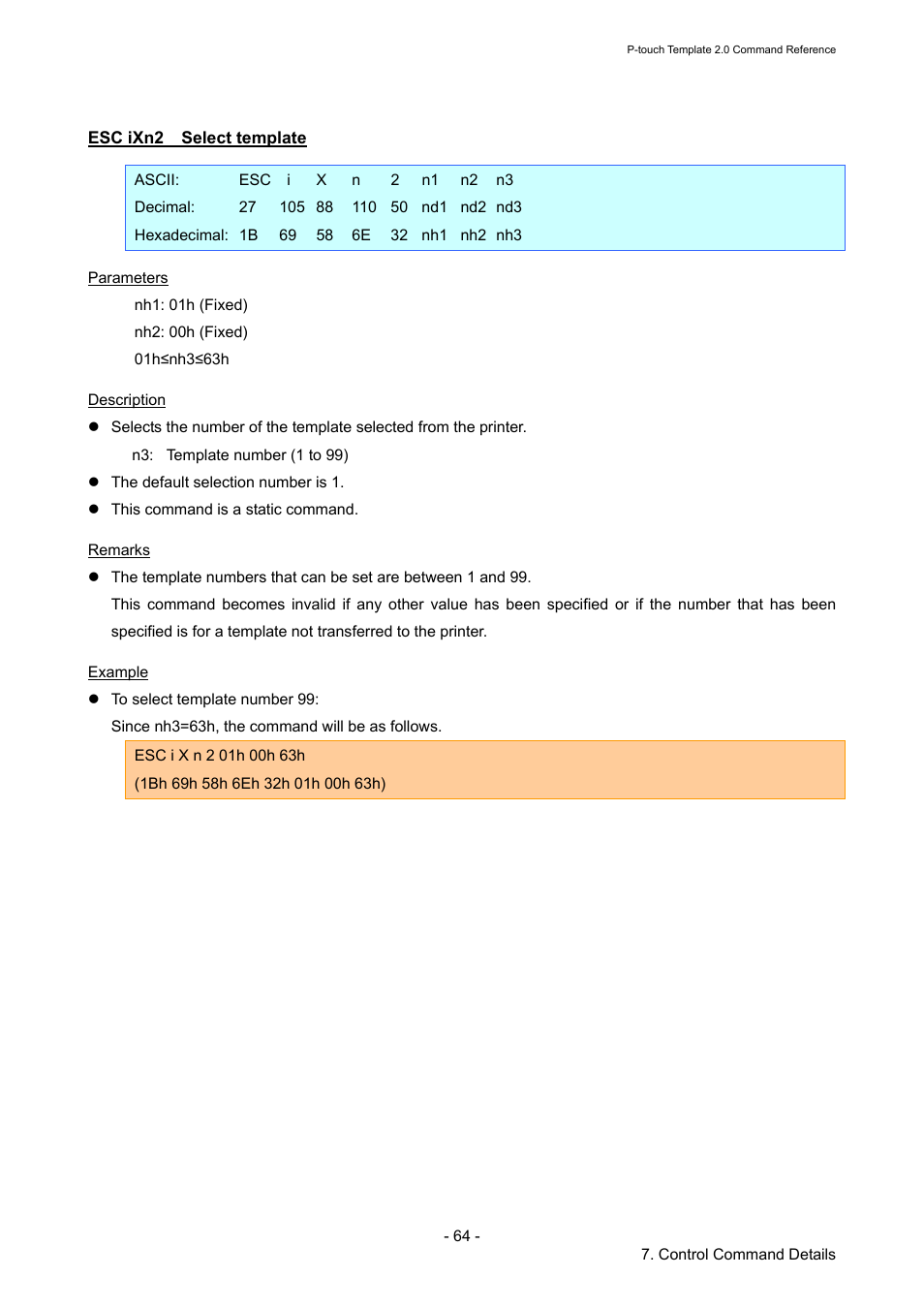 Esc ixn2 select template, Esc ixn2, Select template | Brother RJ-4030 User Manual | Page 70 / 110