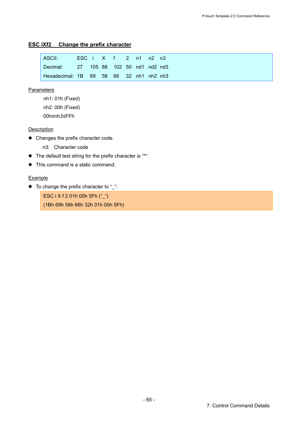 Esc ixf2 change the prefix character, Esc ixf2, Change the prefix character | Brother RJ-4030 User Manual | Page 71 / 110