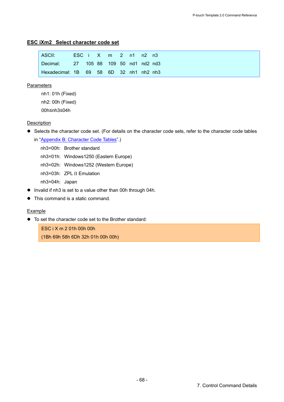 Esc ixm2 select character code set, Esc ixm2, Select character code set | Brother RJ-4030 User Manual | Page 74 / 110