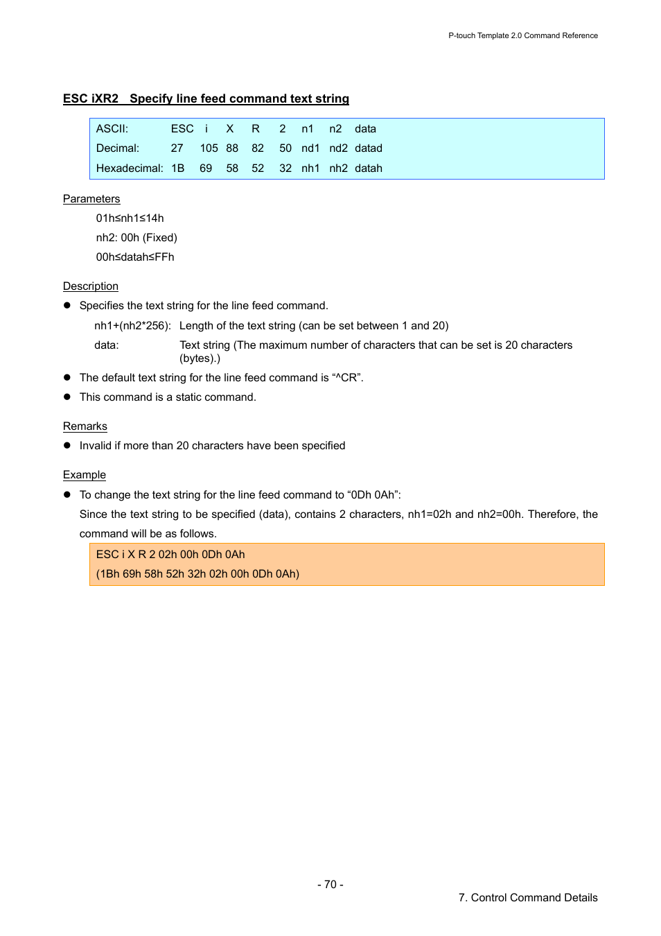 Esc ixr2 specify line feed command text string, Esc ixr2, Specify line feed command text string | Brother RJ-4030 User Manual | Page 76 / 110