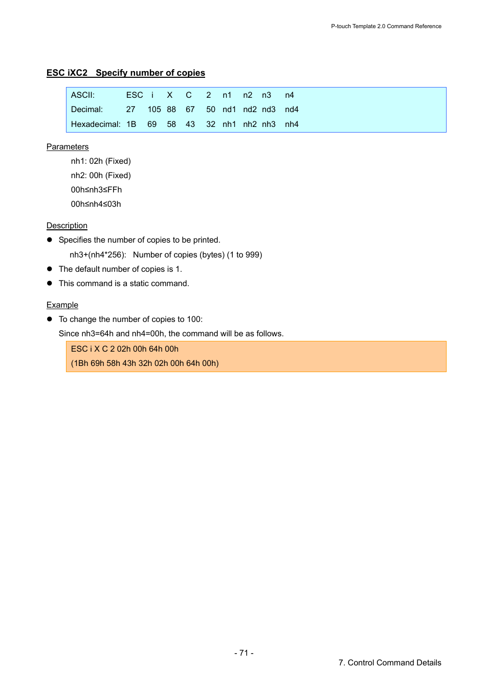 Esc ixc2 specify number of copies, Esc ixc2, Specify number of copies | Brother RJ-4030 User Manual | Page 77 / 110