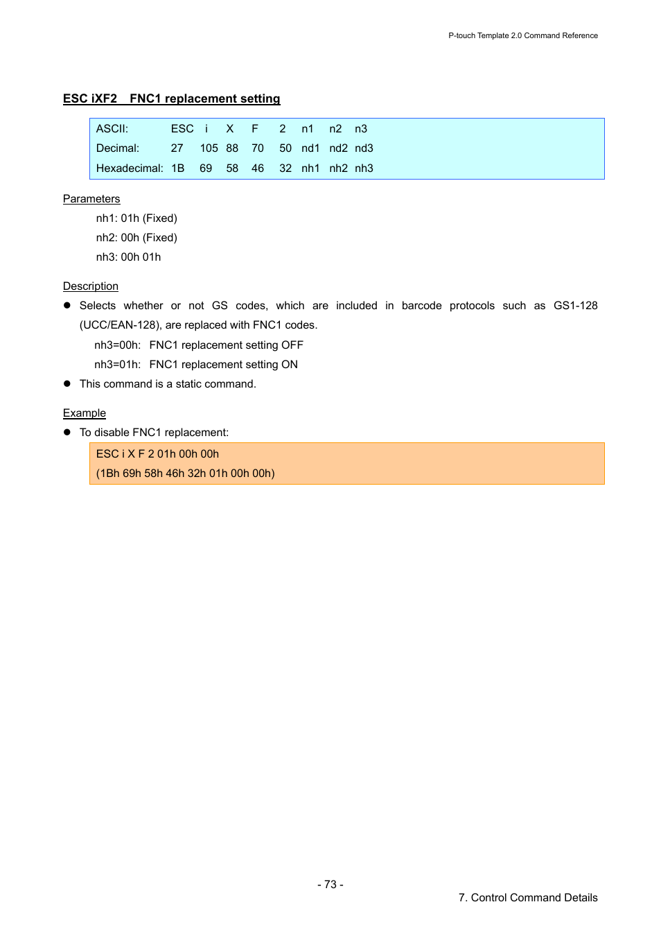 Esc ixf2 fnc1 replacement setting, Esc ixf2, Fnc1 replacement setting | Brother RJ-4030 User Manual | Page 79 / 110