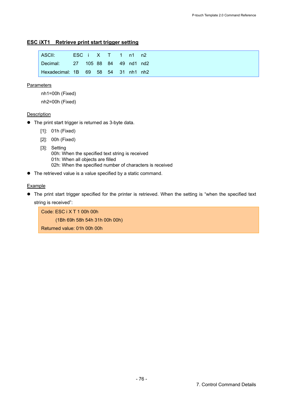 Esc ixt1 retrieve print start trigger setting, Esc ixt1, Retrieve print start trigger setting | Brother RJ-4030 User Manual | Page 82 / 110
