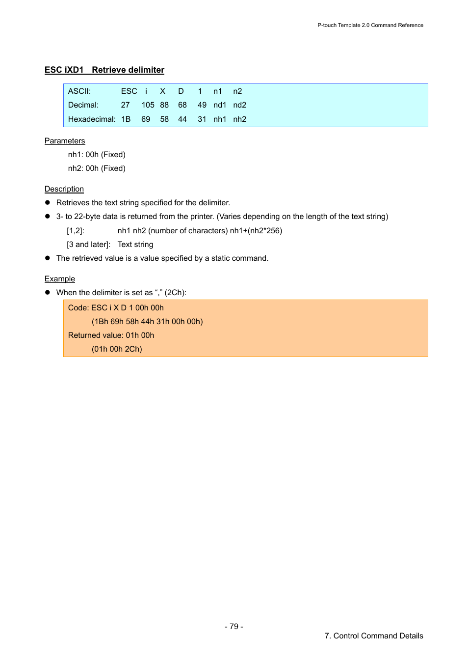 Esc ixd1 retrieve delimiter, Esc ixd1, Retrieve delimiter | Brother RJ-4030 User Manual | Page 85 / 110