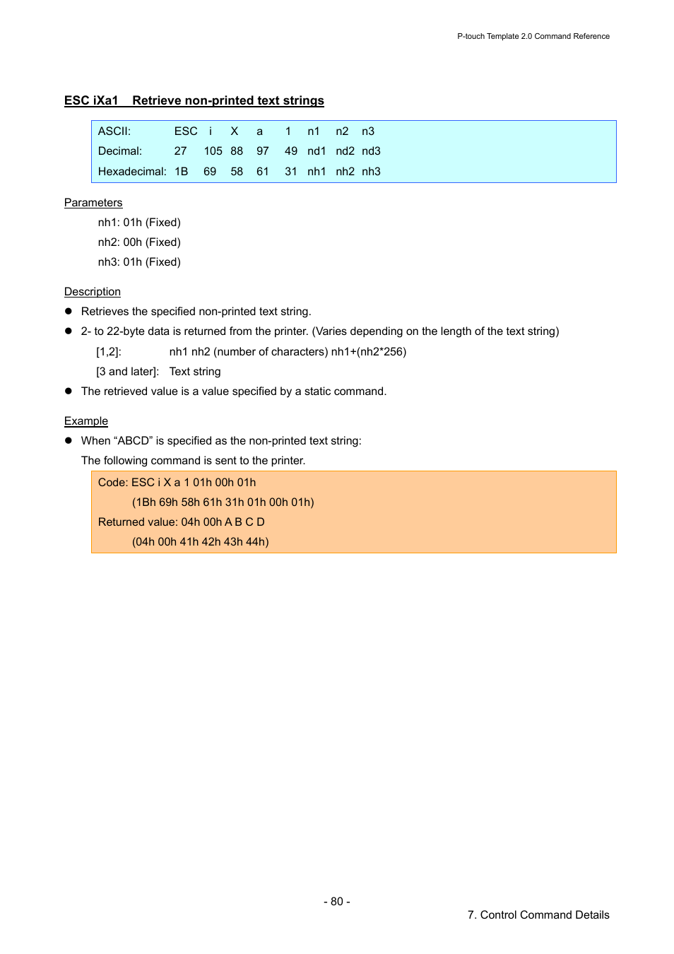 Esc ixa1 retrieve non-printed text strings, Esc ixa1, Retrieve non-printed text strings | Brother RJ-4030 User Manual | Page 86 / 110