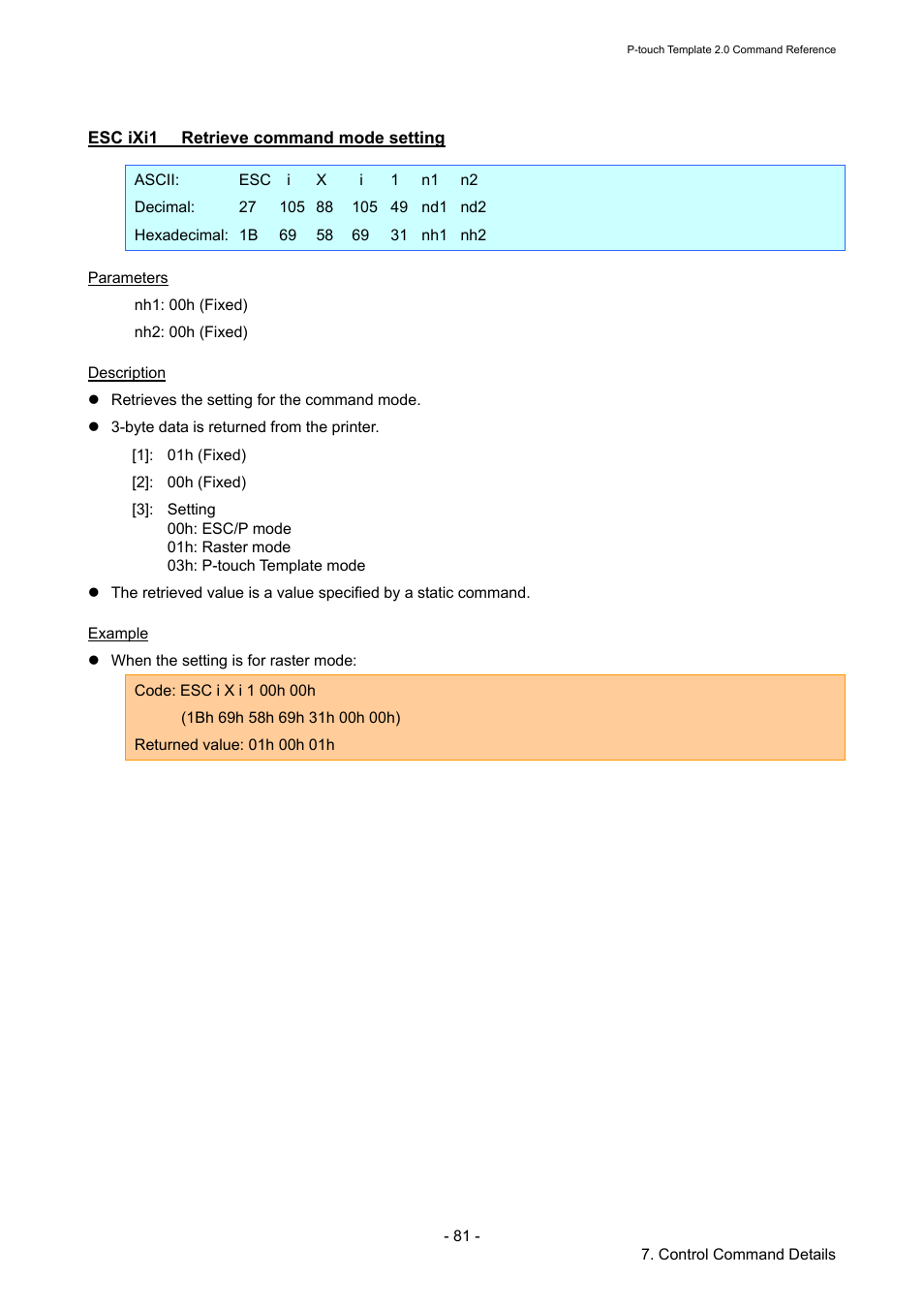 Esc ixi1 retrieve command mode setting, Esc ixi1, Retrieve command mode setting | Brother RJ-4030 User Manual | Page 87 / 110