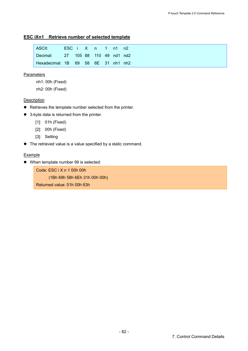 Esc ixn1 retrieve number of selected template, Esc ixn1, Retrieve number of selected template | Brother RJ-4030 User Manual | Page 88 / 110