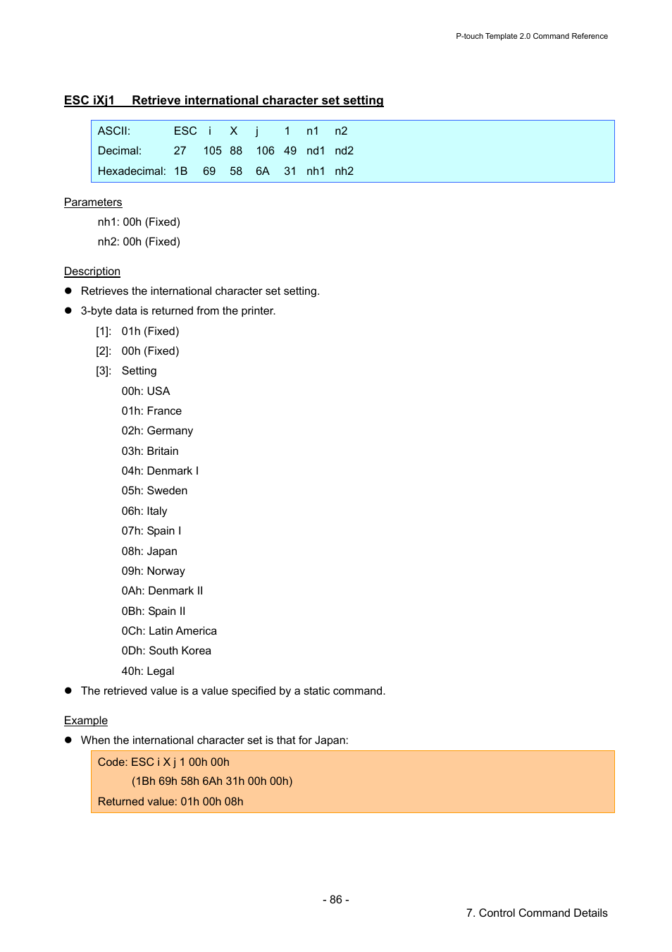 Esc ixj1, Retrieve international character set setting | Brother RJ-4030 User Manual | Page 92 / 110