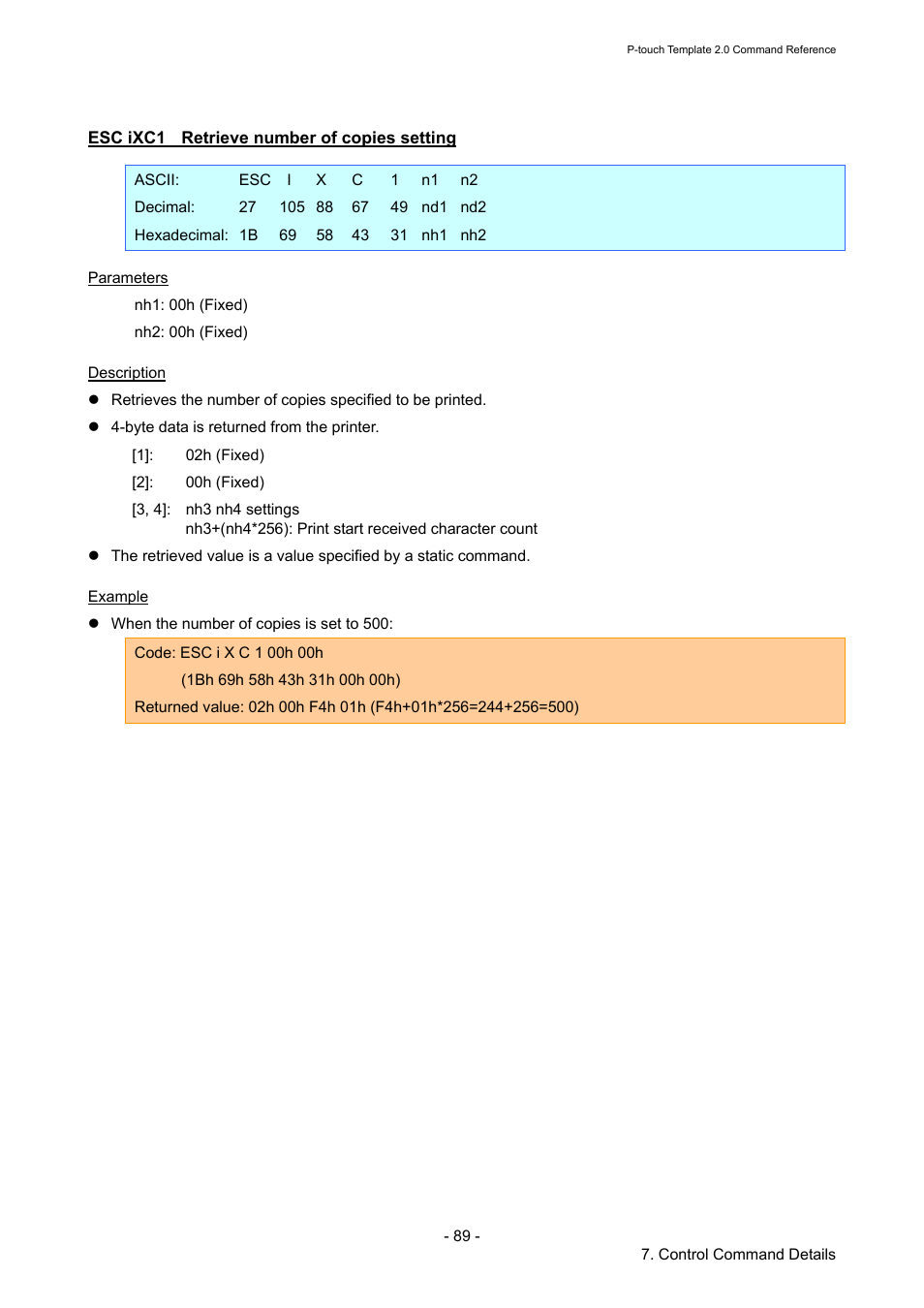 Esc ixc1 retrieve number of copies setting, Esc ixc1, Retrieve number of copies setting | Brother RJ-4030 User Manual | Page 95 / 110