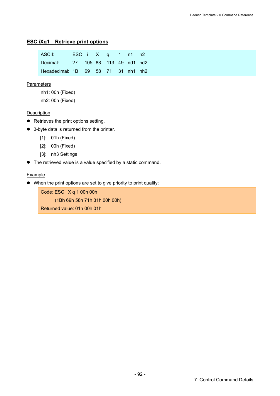 Esc ixq1 retrieve print options, Esc ixq1, Retrieve print options | Brother RJ-4030 User Manual | Page 98 / 110