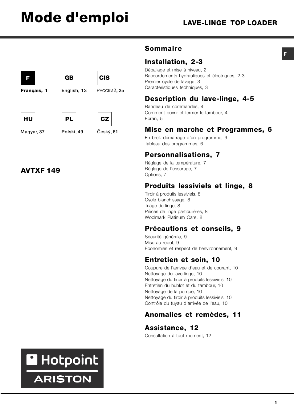 Hotpoint Ariston AVTXF 149 User Manual | 72 pages