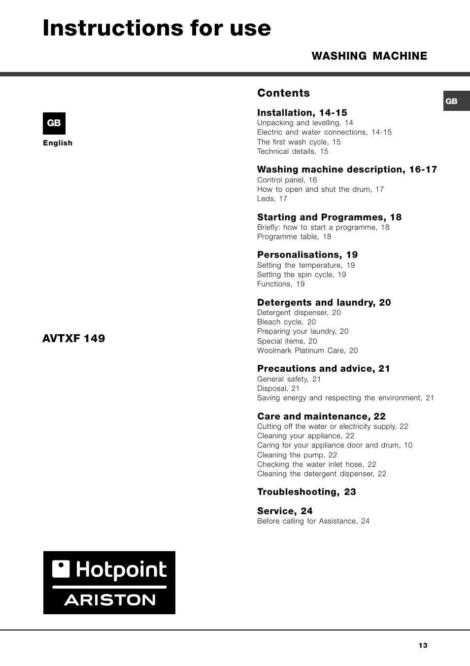 Hotpoint Ariston AVTXF 149 User Manual | Page 13 / 72