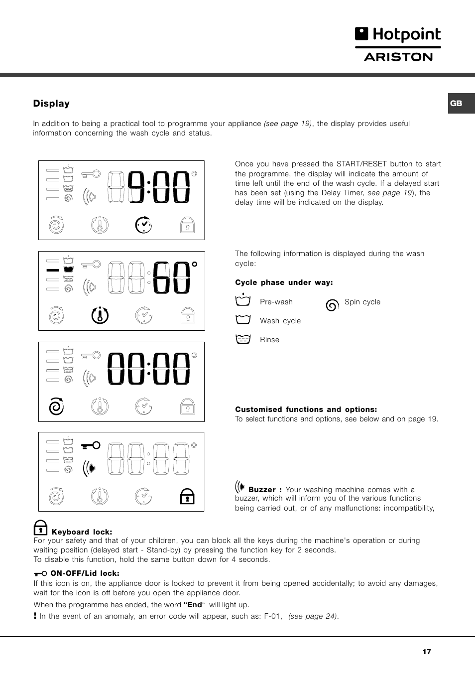 Display | Hotpoint Ariston AVTXF 149 User Manual | Page 17 / 72